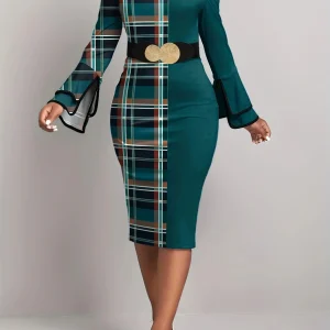 Women's Dress Plaid Patchwork Green Round Neck Tight Dress, No Belt