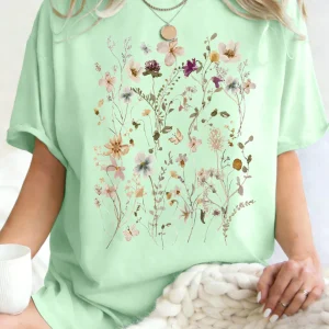 Beautiful Flower Clusters Printing Woman T-Shirt Summer Oversized Short Sleeve O-Neck Cotton T Shirts Y2K Women Sports Tops