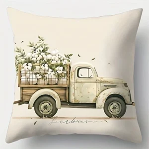 Rustic Charm Throw Pillow Cover: Cotton Flowers, Vintage Truck and Home Blessing Words, Sofa Cushion Cover, Bedroom Room Decor