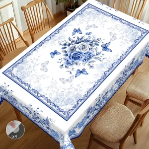 1 Piece of Oriental Retro Blue and White Porcelain Flower Theme Tablecloth, Country Farmhouse Style, Blue and White Flower Pattern Design, Suitable for Spring and Summer Camping Style Picnic, Holiday Party, Garden Birthday Party Decoration, Kitchen Accessories, Restaurant Terrace, Indoor and Outdoor