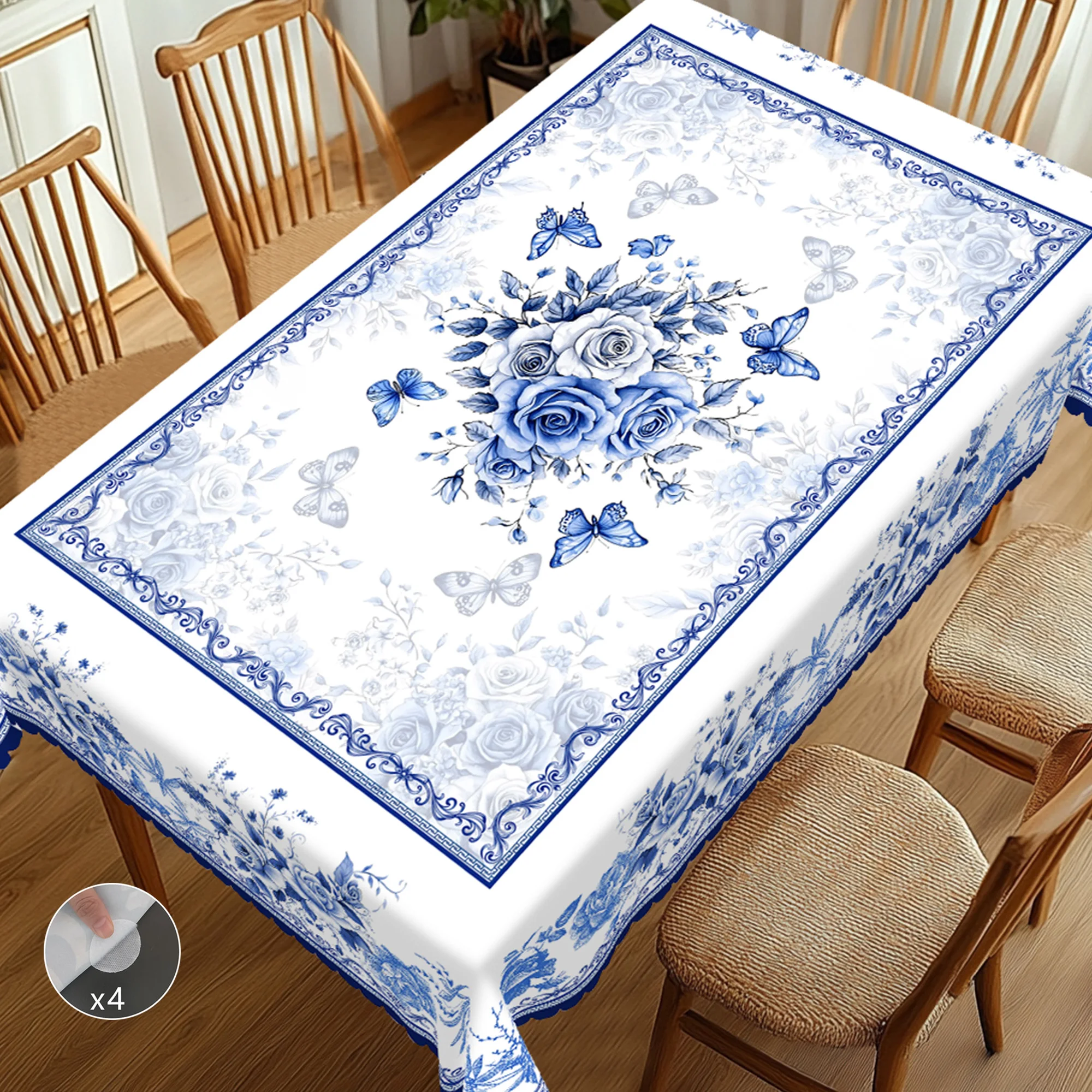 1 Piece of Oriental Retro Blue and White Porcelain Flower Theme Tablecloth, Country Farmhouse Style, Blue and White Flower Pattern Design, Suitable for Spring and Summer Camping Style Picnic, Holiday Party, Garden Birthday Party Decoration, Kitchen Accessories, Restaurant Terrace, Indoor and Outdoor - الصورة 4