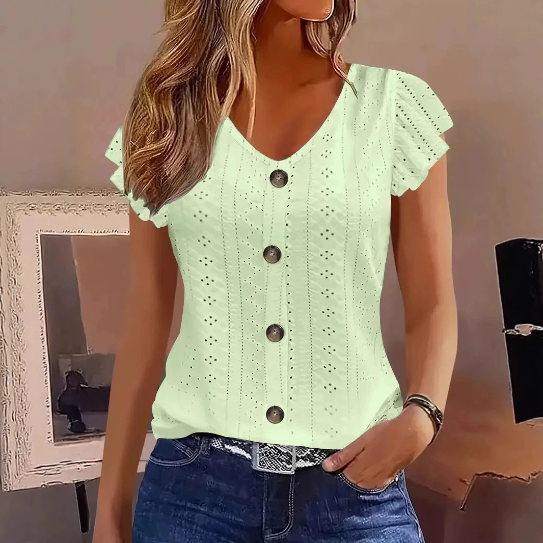 2025 Spring/Summer new women's fashion stylish commute casual solid color multi-color ruffle sleeve V-neck T-shirt - الصورة 3
