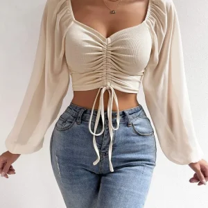 Drawstring Front Sheer Sleeve Crop T-Shirt Women Plunge Neck Long Sleeve Ribb-knit Ruched Blouse Sexy Top Spring Summer Outfit