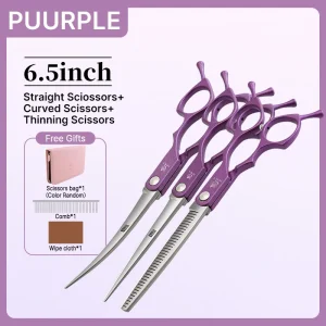 Fenice 6.5 Inch Colorful Straight Curved Thinning Chunker Shears Beginner Friendly Scissors Kit for Practice &Home Groomer Us