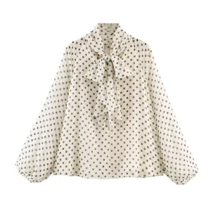 Women Polka Dot Print Blouse Casual High Collar Long Sleeve Lady Top Simple Women's Blouse Female Shirts & Blouses