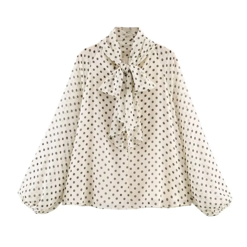 Women Polka Dot Print Blouse Casual High Collar Long Sleeve Lady Top Simple Women's Blouse Female Shirts & Blouses - Image 5