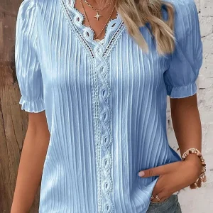 Elegant Women Blouse Shirt V Neck Lace Patchwork Short Sleeve Shirts For Women Summer Lady Tops