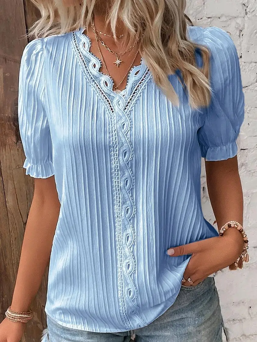 Elegant Women Blouse Shirt V Neck Lace Patchwork Short Sleeve Shirts For Women Summer Lady Tops - الصورة 5