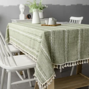 Cotton Linen Stripe Tassel Tablecloth Stain Resistant Dust-Proof Table Cover for Kitchen Dinning Tabletop Decoration Rectangular