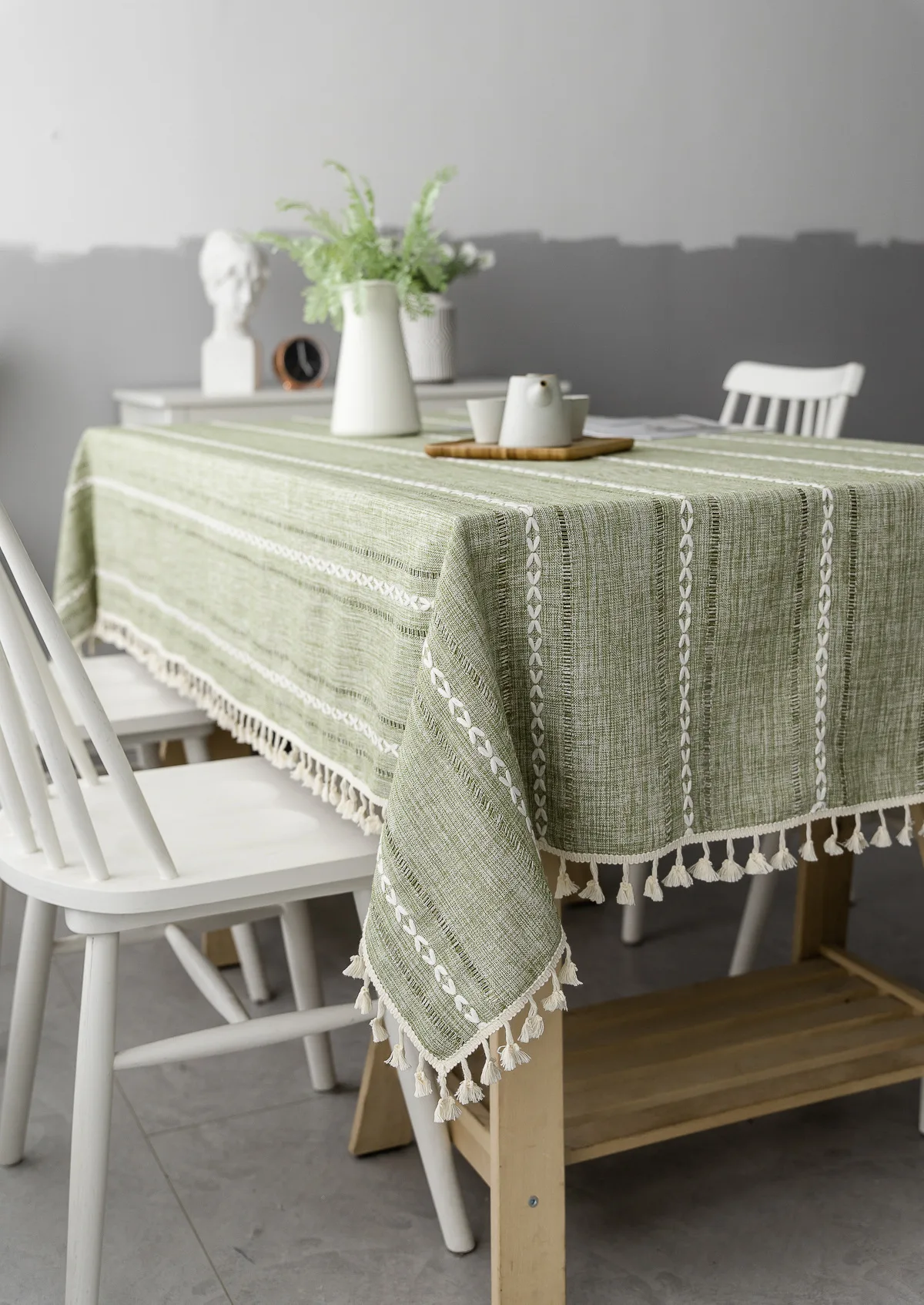 Cotton Linen Stripe Tassel Tablecloth Stain Resistant Dust-Proof Table Cover for Kitchen Dinning Tabletop Decoration Rectangular - Image 3