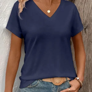 Women's Solid Color V-Neck T-Shirt - Oversized Short-Sleeve, Curved Hem, Soft Fabric, Available in Black, Gray & Navy