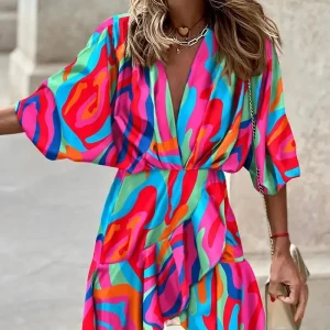 Women Print Dress Sexy V-Neck Bat Sleeve Ruffl Flowers Print Bohemian Beach Sundress Ladies Loose Summer Vacation Mini Dresses