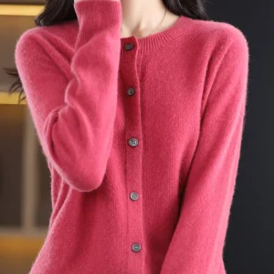 2024 New Chic Women's Basic O-neck Cardigan 100% Merino Wool Sweater Soft Grace Knitwear CoatSpring Autumn Female Clothes Tops