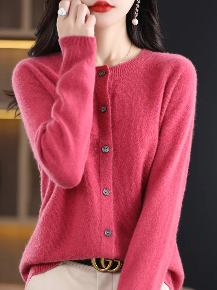 2024 New Chic Women's Basic O-neck Cardigan 100% Merino Wool Sweater Soft Grace Knitwear CoatSpring Autumn Female Clothes Tops - الصورة 7