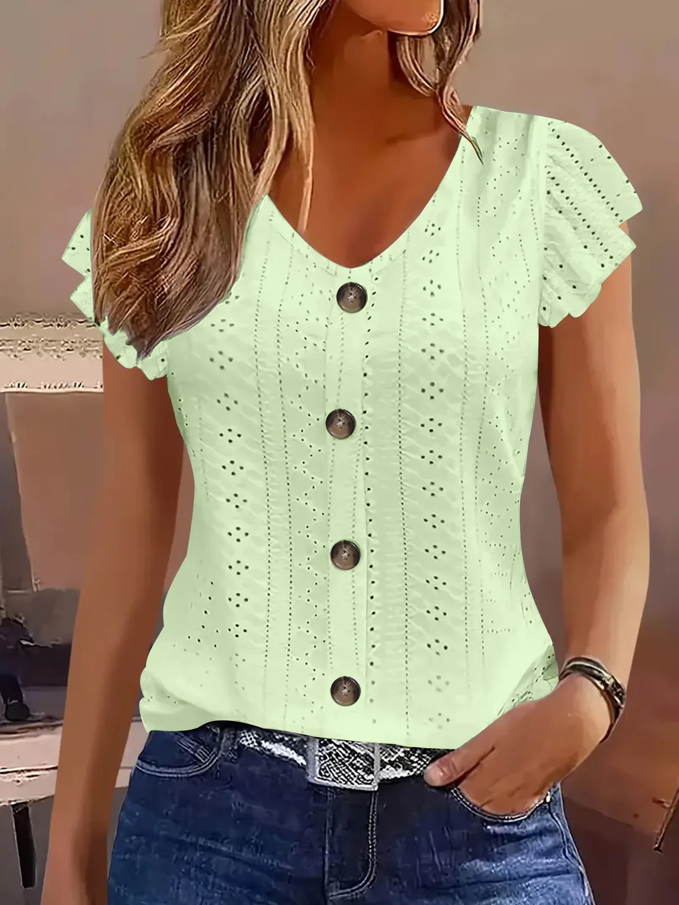 2025 Spring/Summer new women's fashion stylish commute casual solid color multi-color ruffle sleeve V-neck T-shirt - الصورة 9