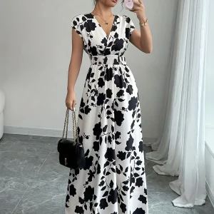 Ladies' elegant black and white floral print V-neck elastic drawstring waist cinching A-line vacation dress