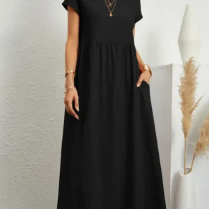 Women Vintage Solid Dress 2023 Summer Elegant O Neck Short Sleeve Cotton Linen Dresses Female Casual Loose Sundress Long Dress