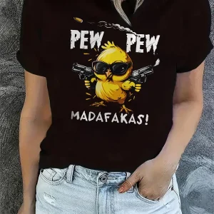 Women's Casual Graphic T-Shirt with Playful Chick PEW PEW MADAFAKAS Print Short Sleeve T Shirt Clothing Top Tee