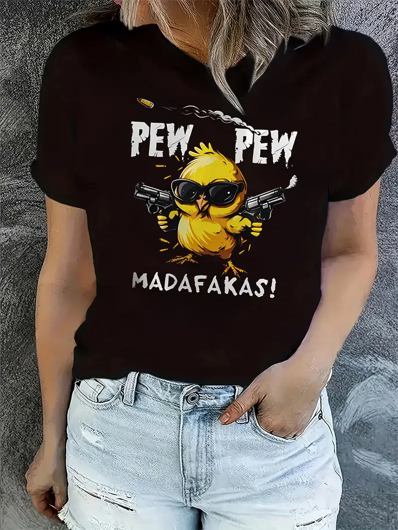 Women's Casual Graphic T-Shirt with Playful Chick PEW PEW MADAFAKAS Print Short Sleeve T Shirt Clothing Top Tee