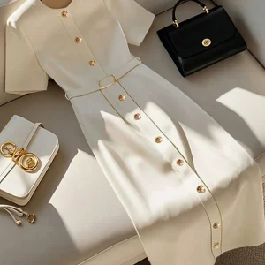 Women's Elegant Simple Round Neck Single Breasted Short Sleeve Belt Midi Dress women dress Women's Elegant Beige Midi Dress