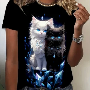 Women's Tee - White & Black Crystal Cats Graphic, Mystical Glowing Feline Design for Casual Daily Wear