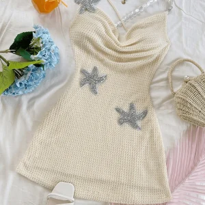 Pure and sexy halter dress for women's spring collection, new hot girl sexy backless strap with five-pointed star embroidery