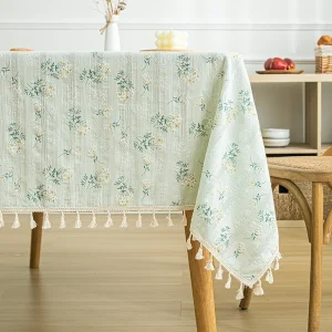Beige Daisy Lace Tassels Cotton Tablecloth Rectangle Table Cover for Tea Table Decorations Kitchen Living Room Wedding Party Use