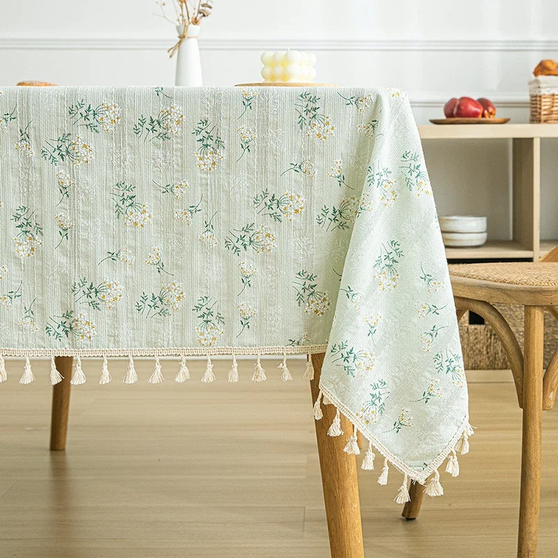 Beige Daisy Lace Tassels Cotton Tablecloth Rectangle Table Cover for Tea Table Decorations Kitchen Living Room Wedding Party Use - الصورة 13