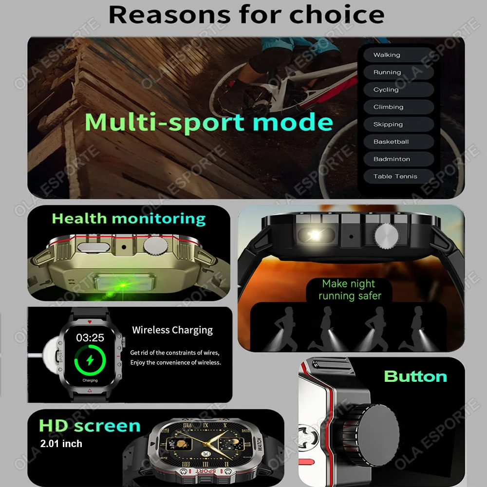 2025 Rugged Military Smart Watch Men's Outdoor Watch 2.01" HD Touch Screen Voice Bluetooth Call Sports Waterproof Smartwatch New - الصورة 2
