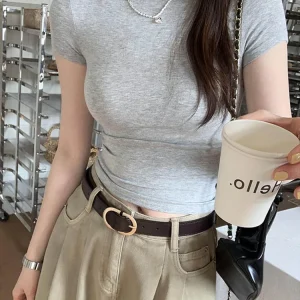 Basic Solid Crop Top Short Sleeve Crewneck Skinny T-shirt Summer Casual Tee for Women y2k Vintage Top Harajuku Streetwear