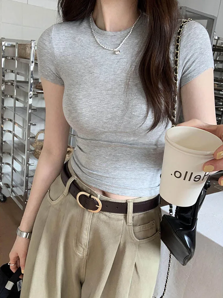 Basic Solid Crop Top Short Sleeve Crewneck Skinny T-shirt Summer Casual Tee for Women y2k Vintage Top Harajuku Streetwear - الصورة 4