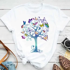 New Fashion Women T-shirt Colorful Butterfly Petal Print Short Sleeve and Round Neck Cute Graphic Tee Shirts Female Tops Clothin