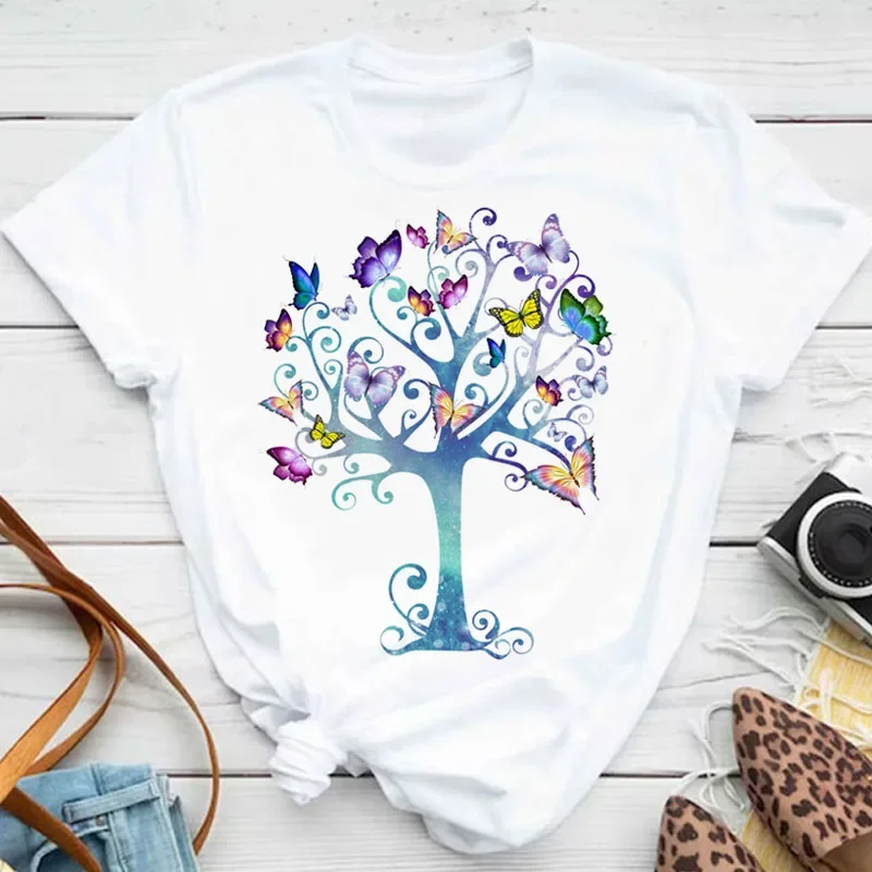 New Fashion Women T-shirt Colorful Butterfly Petal Print Short Sleeve and Round Neck Cute Graphic Tee Shirts Female Tops Clothin - Image 19