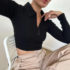 Women's T-shirt Autumn New Black Long Sleeves Crop Top Casual Fashion Zippers T-shirt Lady Turn-down Collar Sexy Tops Clothing