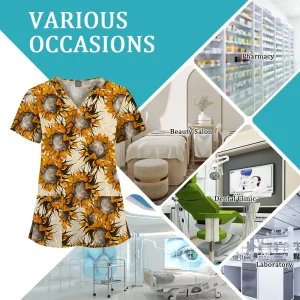 Wholesale Polyester Spandex Uniforms Beautiful Hospital Scrubs Tops Women Nurse Printed Scrub Top Healthcare Nursing Scrub Shirt