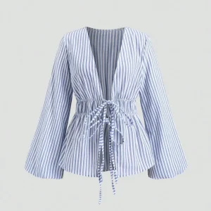 Striped Tie Bow Puff Sleeve Shirt