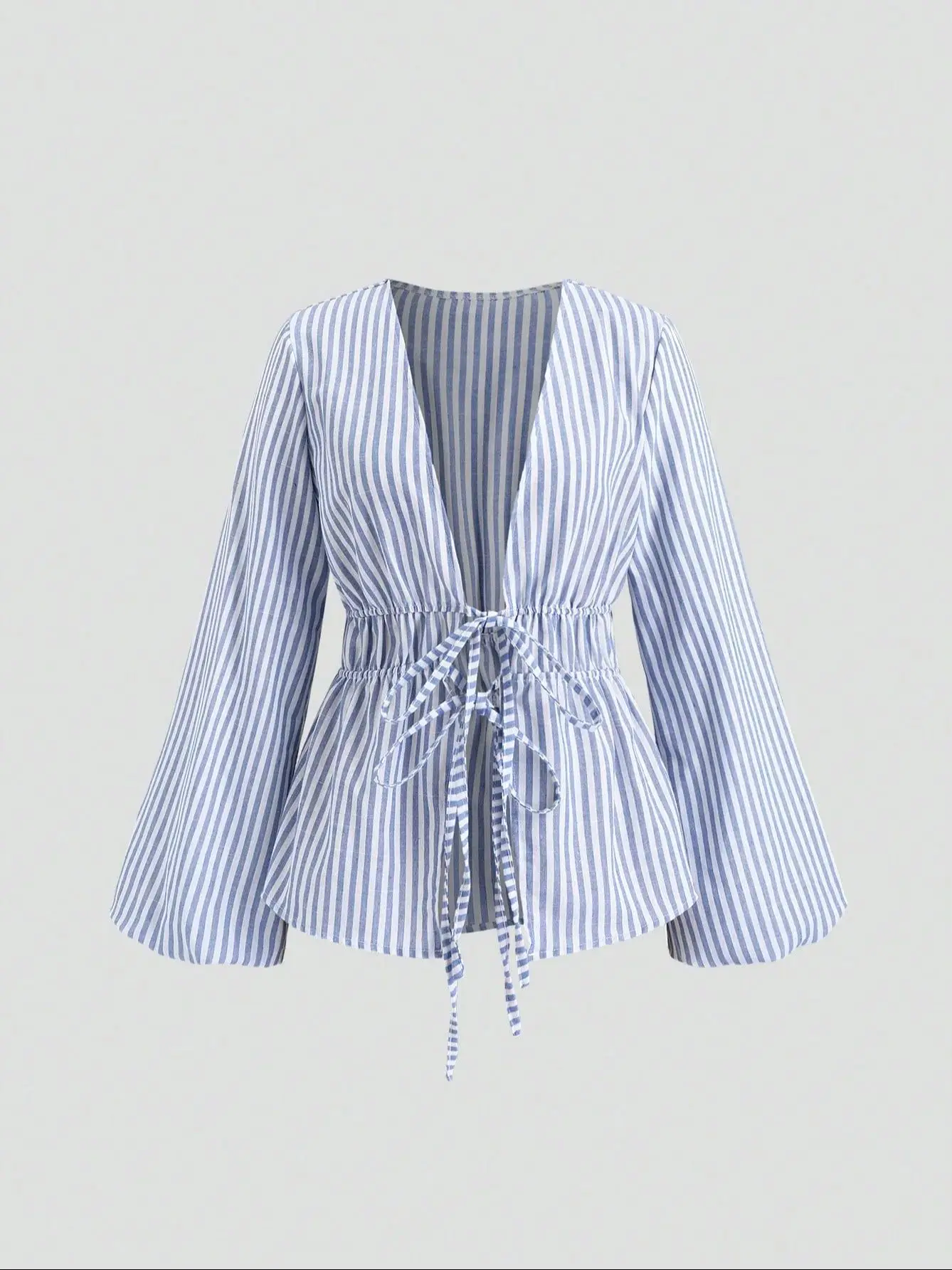 Striped Tie Bow Puff Sleeve Shirt - Image 6