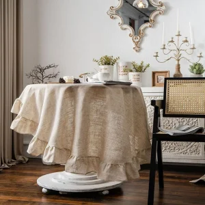 Solid Color Round Tablecloth Cotton Linen Fabric Tassel Dust-Proof Table Cover for Kitchen Dinning Farmhouse Tabletop Decoration