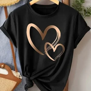 Summer New Fashion Women's Heart Printed T-shirt Trendy Casual Round Neck Top Short Sleeves Women T-shirt Women Clothing