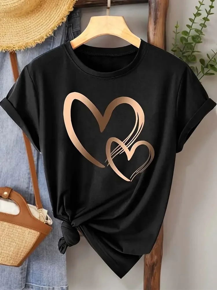 Summer New Fashion Women's Heart Printed T-shirt Trendy Casual Round Neck Top Short Sleeves Women T-shirt Women Clothing - الصورة 4