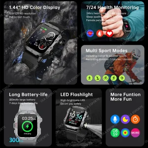 Outdoor Sports Smart Watch LED Flashlight Bluetooth Talking 1.44 inch HD Screen Smart Watch for Men Women Holiday Gifts 2025 New