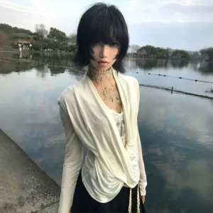 Karrram Japanese Y2k Cross Tops Trashy 2000s Style V-neck Long Sleeve T-shirt Vintage Harajuku White Irregular Tops American 90s