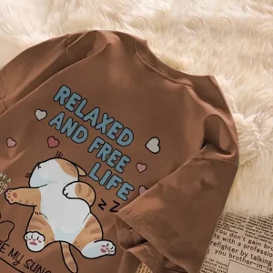 Cute Cartoon Lazy Cat Letter Print Summer Couple Short Sleeved T-shirt Loose Casual Women's Top