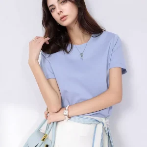 SuyaDream Women Solid T shirts, Silk Cotton Blend, O Neck, Short Sleeved Solid Tee,2025 Summer Candy Colors Basic Cozy Top Green