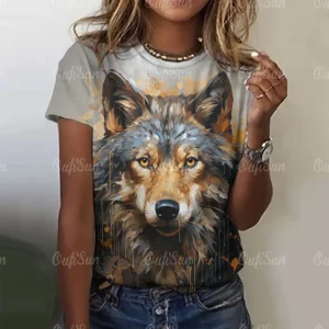New T-shirt For Women Wolf Print Tees O Neck Loose Short Sleeve Blouse Female Fashion Animal Graphic Tops Harajuku Streetwear