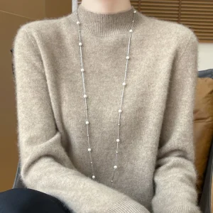 Women's Elegant Basic Style Pullover 100% Merino Wool Knitwear Autumn Winter Warm Solid Casual Loose Exquisite Clothing Tops