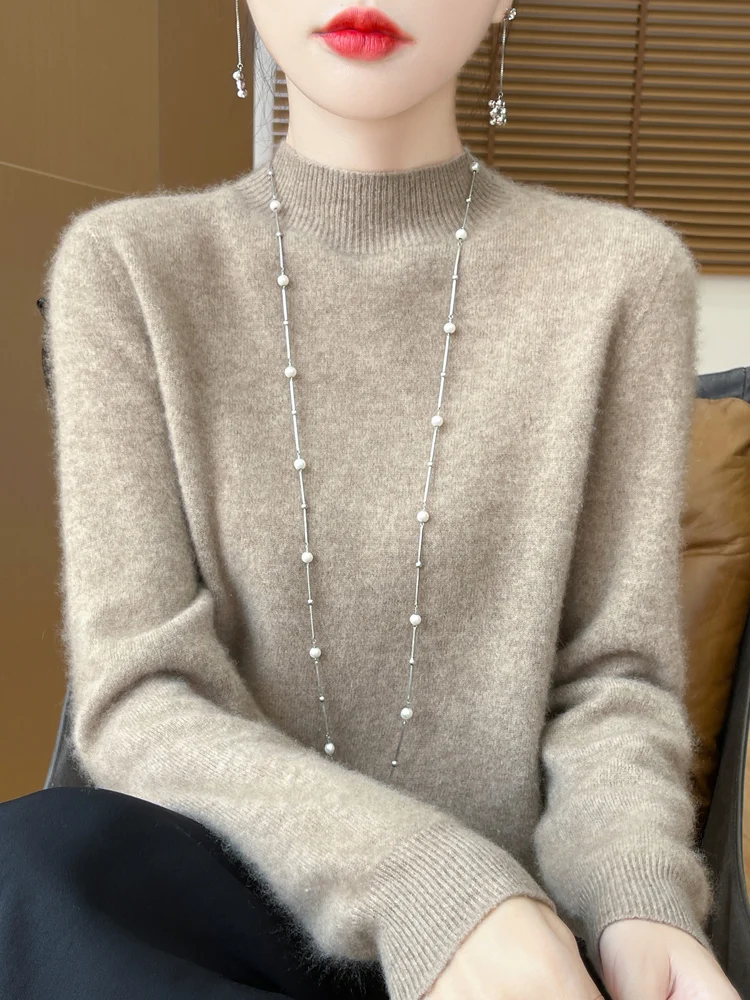 Women's Elegant Basic Style Pullover 100% Merino Wool Knitwear Autumn Winter Warm Solid Casual Loose Exquisite Clothing Tops - Image 4