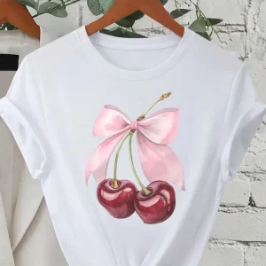 Fashion Cherry Print Women T-Shirt Short Sleeve Crew Neck Casual Tops for Summer Spring Women's Clothing Tops Tees