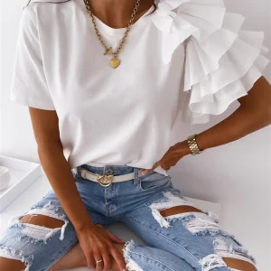 Women Summer Ruffles Short Sleeve Loose T Shirt Chic Elegant Solid O Neck Tops Casual Simple All Match Tee Streetwear Blouse