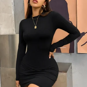 Long Sleeve Slim Bodycon Mini Dress Women Turtleneck Pleated Party Ruched Short Evening Club Outfit Soild Color